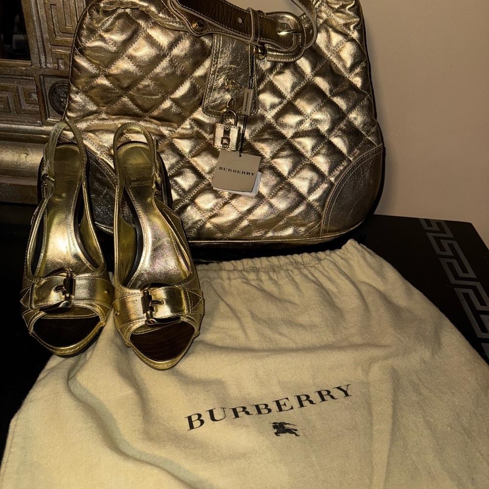 Burberry Metallic Gold Quilted Bag and Heels